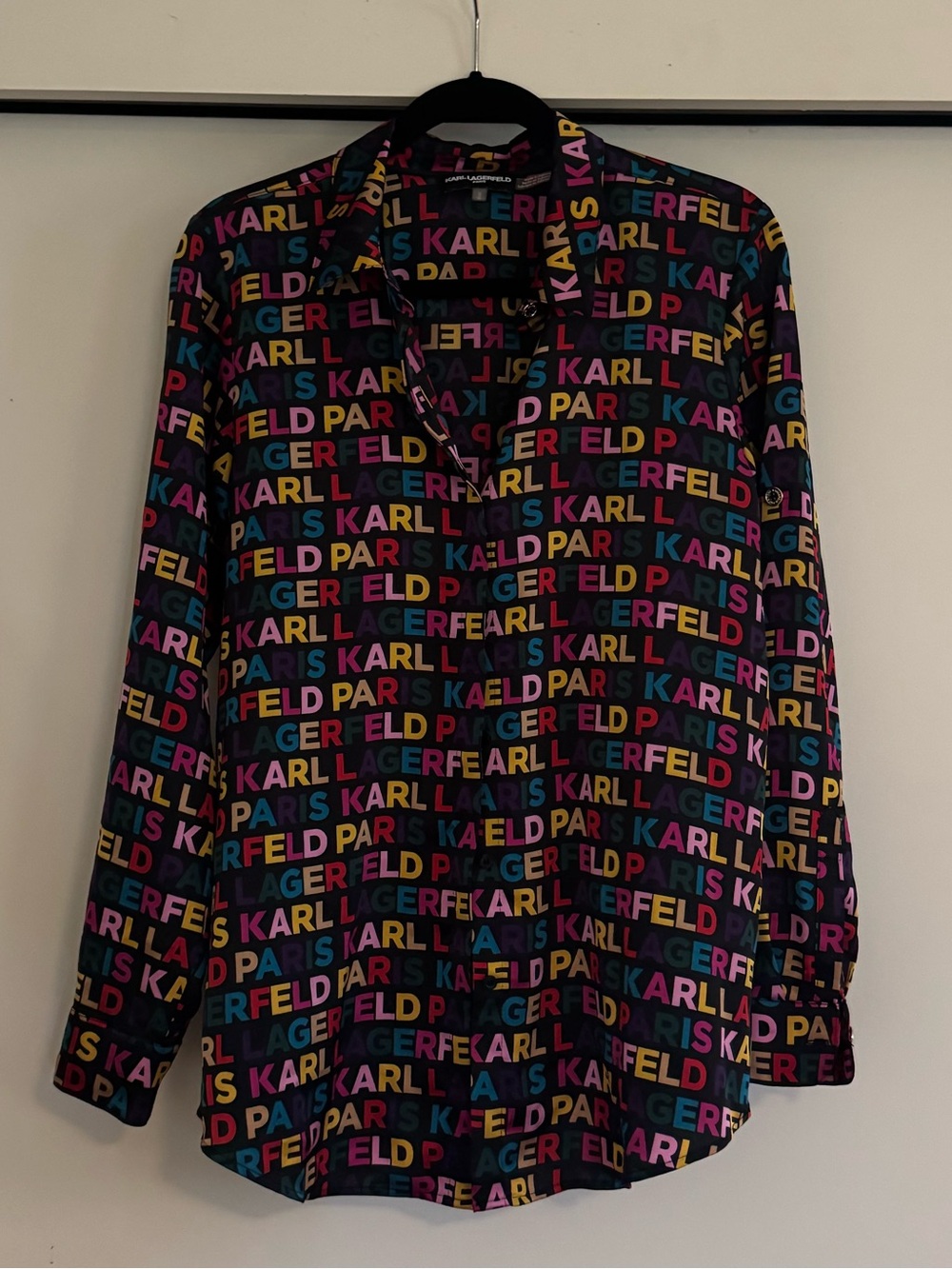 Karl Lagerfeld Black Button-Up Shirt with Multicolor Logo Print
